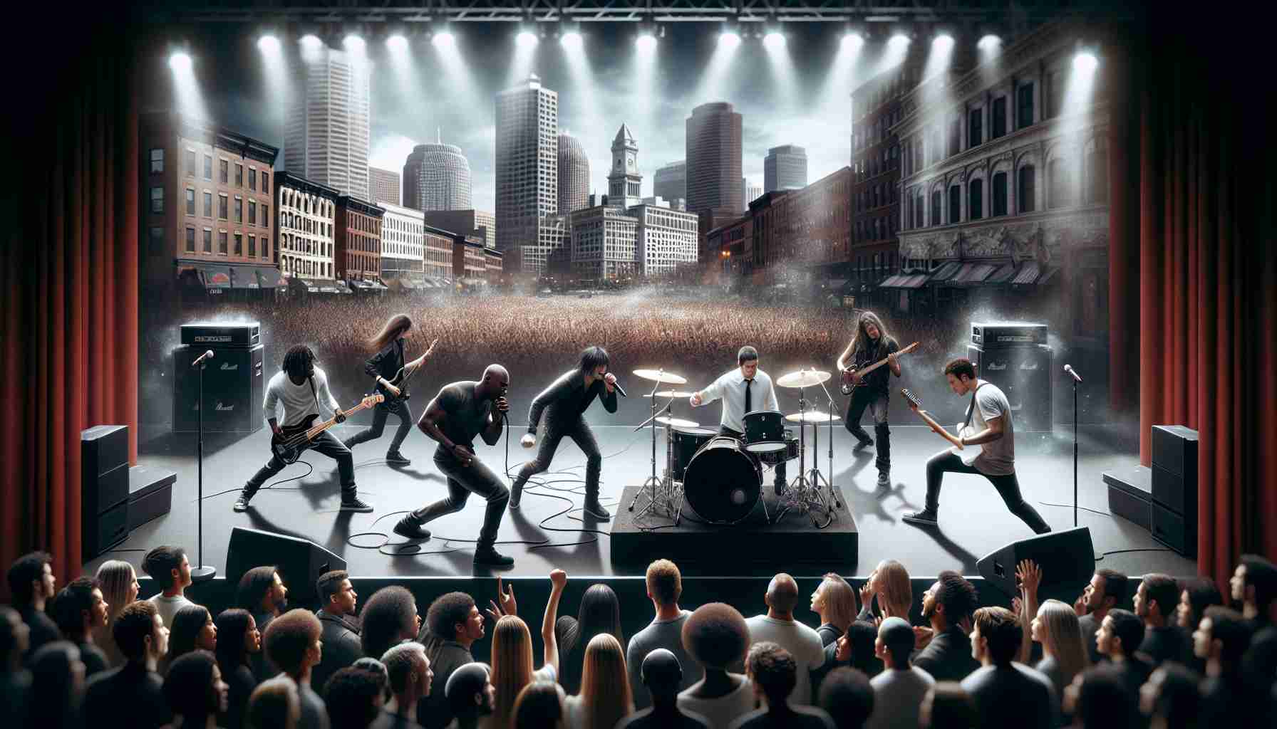 A realistic high-definition image depicting an altercation between bandmembers on stage, leading to an abrupt termination of a concert. Imagine a diverse group of musicians - a black male lead singer, a Hispanic female drummer, a white male guitarist, and a Middle-Eastern bassist. The venue is packed with an enthusiastic crowd, their faces reflecting shock and disbelief. The stage is bathed in the harsh glare of spotlights, casting shadows that emphasize the intensity of the scene. The cityscape of Boston forms the backdrop, with the famous skyline visible through an open-air concert setup.