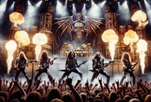 Create an HD image of a scene portraying a heavy metal concert sensation. The stage set should portray a feeling of resilience and resurgence, with an elaborate backdrop decorated with metallic motifs, emulating an iron fortress. Spotlight should cast the band members, who are dressed in characteristic heavy metal fashion - leather clothing, long, wind-swept hair and bandanas. Loud pyrotechnics erupt from the back of the stage, enhancing the overall spectacle. The crowd appears mesmerized by the electrifying performance, raising their hands in rhythm with the head-banging music.