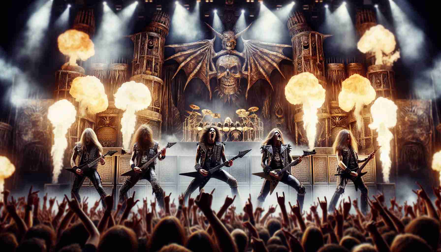 Create an HD image of a scene portraying a heavy metal concert sensation. The stage set should portray a feeling of resilience and resurgence, with an elaborate backdrop decorated with metallic motifs, emulating an iron fortress. Spotlight should cast the band members, who are dressed in characteristic heavy metal fashion - leather clothing, long, wind-swept hair and bandanas. Loud pyrotechnics erupt from the back of the stage, enhancing the overall spectacle. The crowd appears mesmerized by the electrifying performance, raising their hands in rhythm with the head-banging music.