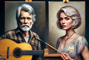 Generate a high-definition, realistic image of a mournful singer who resembles an elderly male country musician with graying hair, weathered face, and a plaid shirt. Next to him is a woman capturing his likeness in an oil painting, similar to a classic female pop-icon with a bob hairstyle and elegantly stylish clothing. Instead of Kristofferson's guitar, create a creative substitute - a lute.