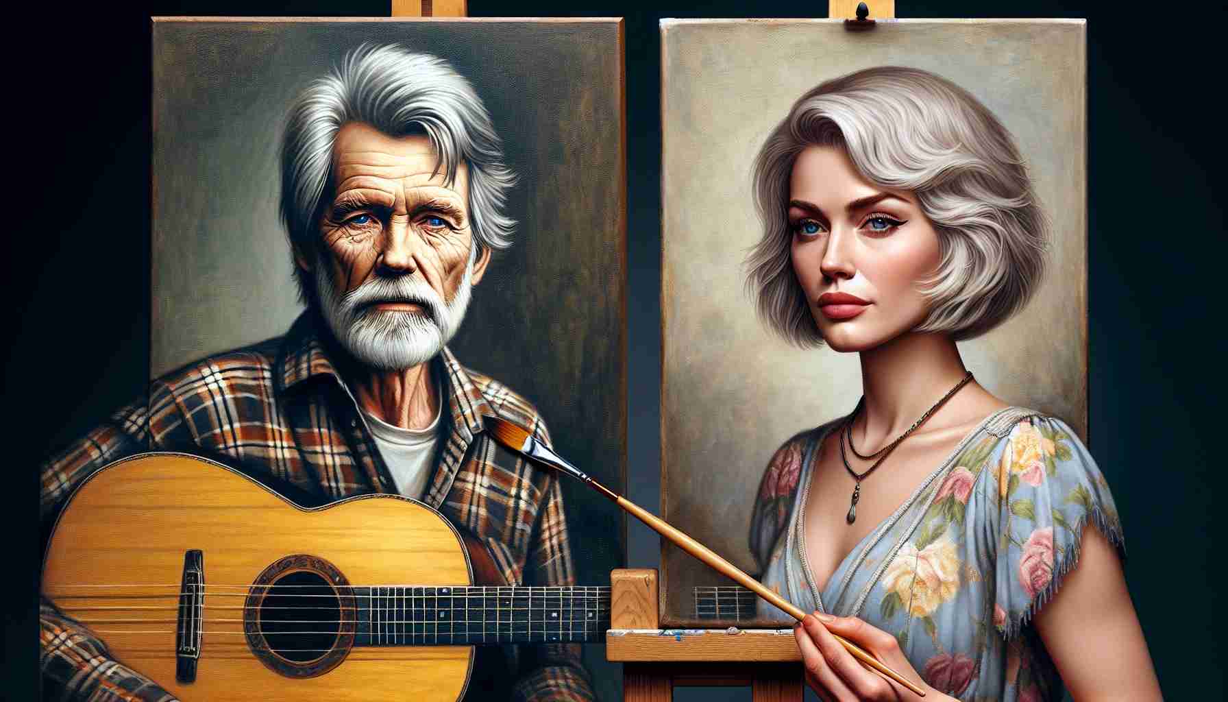 Generate a high-definition, realistic image of a mournful singer who resembles an elderly male country musician with graying hair, weathered face, and a plaid shirt. Next to him is a woman capturing his likeness in an oil painting, similar to a classic female pop-icon with a bob hairstyle and elegantly stylish clothing. Instead of Kristofferson's guitar, create a creative substitute - a lute.