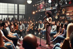 An HD photograph capturing a forum or gathering focusing on addressing the challenges of fan interactions in the music industry. An African American woman who is a well-respected figure in the industry, standing on stage with microphone in hand, passionately discussing her points. The audience, comprised of individuals from various racial backgrounds and genders, is attentively listening and taking notes, some are nodding in agreement. The space is well-lit and decorated with music-related paraphernalia. Focus on capturing the seriousness of the discussion and the diversity of the industry.