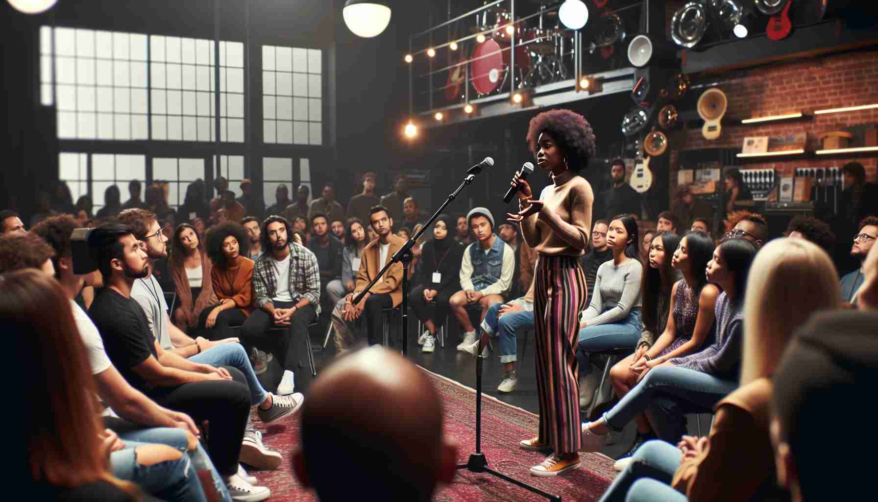 An HD photograph capturing a forum or gathering focusing on addressing the challenges of fan interactions in the music industry. An African American woman who is a well-respected figure in the industry, standing on stage with microphone in hand, passionately discussing her points. The audience, comprised of individuals from various racial backgrounds and genders, is attentively listening and taking notes, some are nodding in agreement. The space is well-lit and decorated with music-related paraphernalia. Focus on capturing the seriousness of the discussion and the diversity of the industry.