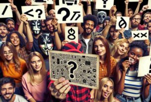 Realistic, high-definition photo of a group of enthusiastic music fans, mixed in gender and race, holding enigmatic postcards. The postcards have cryptic symbols and hints on them, suggesting the release date of an upcoming album from a widely popular, anonymous band.