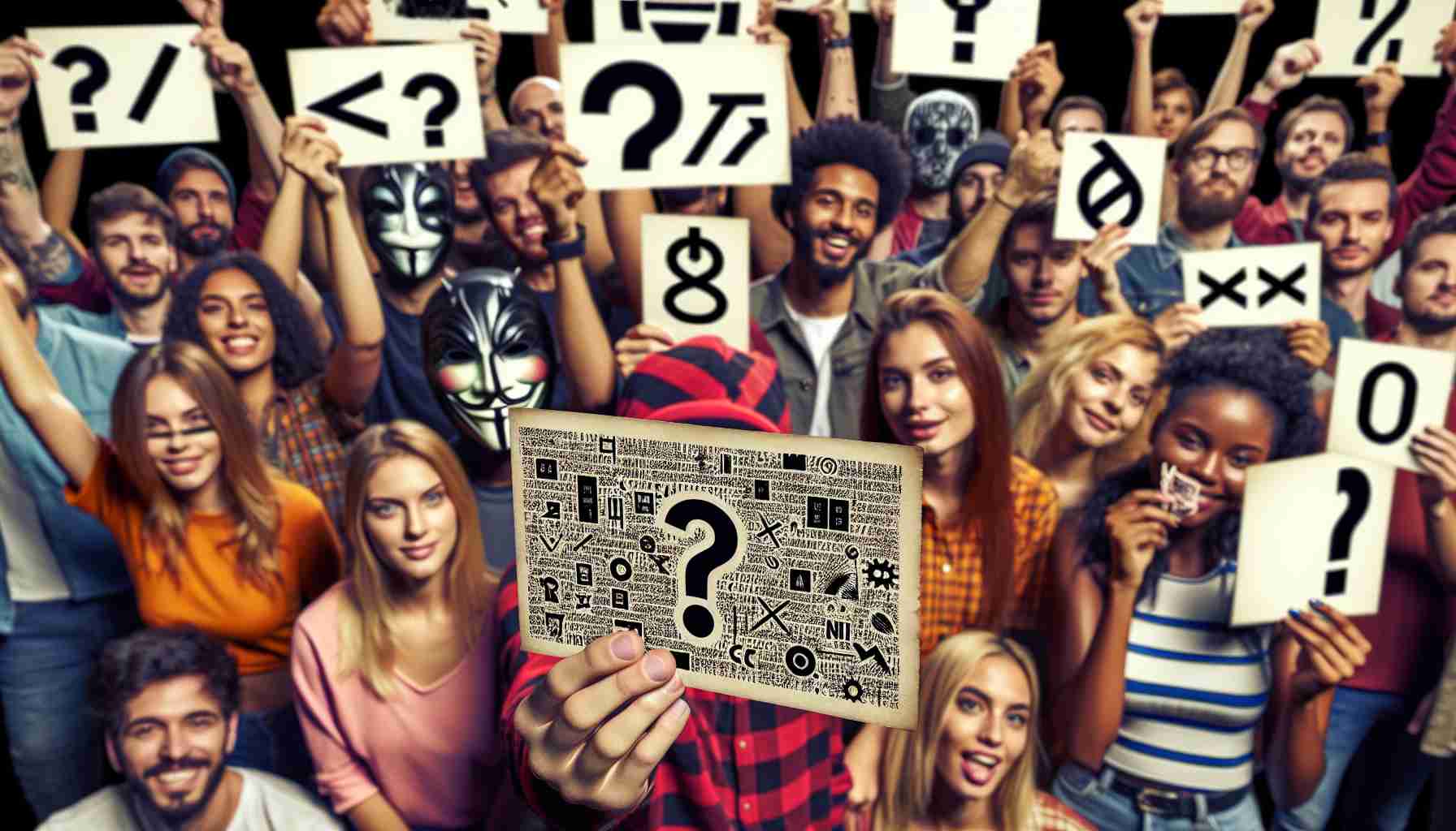 Realistic, high-definition photo of a group of enthusiastic music fans, mixed in gender and race, holding enigmatic postcards. The postcards have cryptic symbols and hints on them, suggesting the release date of an upcoming album from a widely popular, anonymous band.