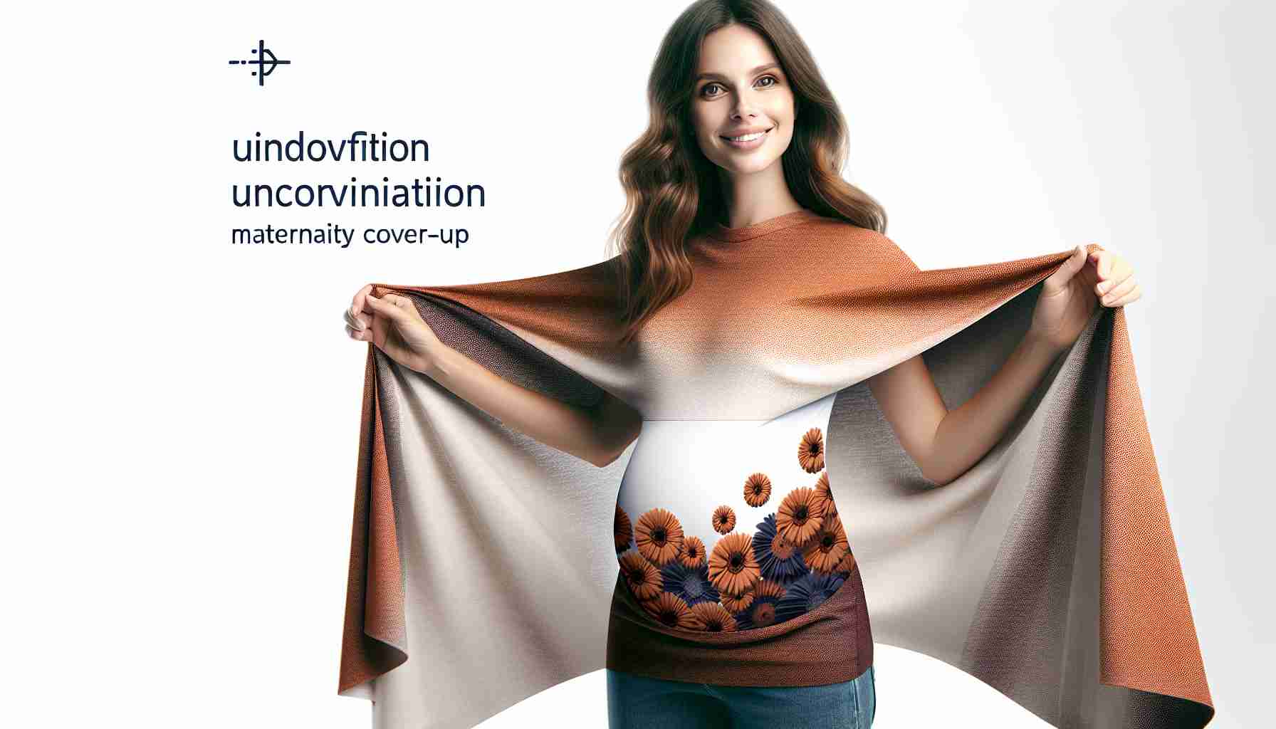 A high-definition, realistic image portraying a unique and unconventional maternity cover-up being unveiled by a young woman. The woman is caucasian, radiant with motherhood, with medium-long brown hair. She is standing confidently, unveiling a stylish maternity cover-up piece that blends innovative design with maternal warmth and comfort.