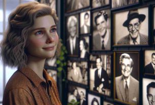 Realistic high definition image capturing a scenario where a renowned female actress reflects on the legacy of a cherished fellow actor. She stands by a wall adorned with memorable photos from various movies they starred in together. Her expression is one of wistful nostalgia, with a touch of sorrow yet a light smile, clearly showing her respect and warm feelings towards the absent colleague.