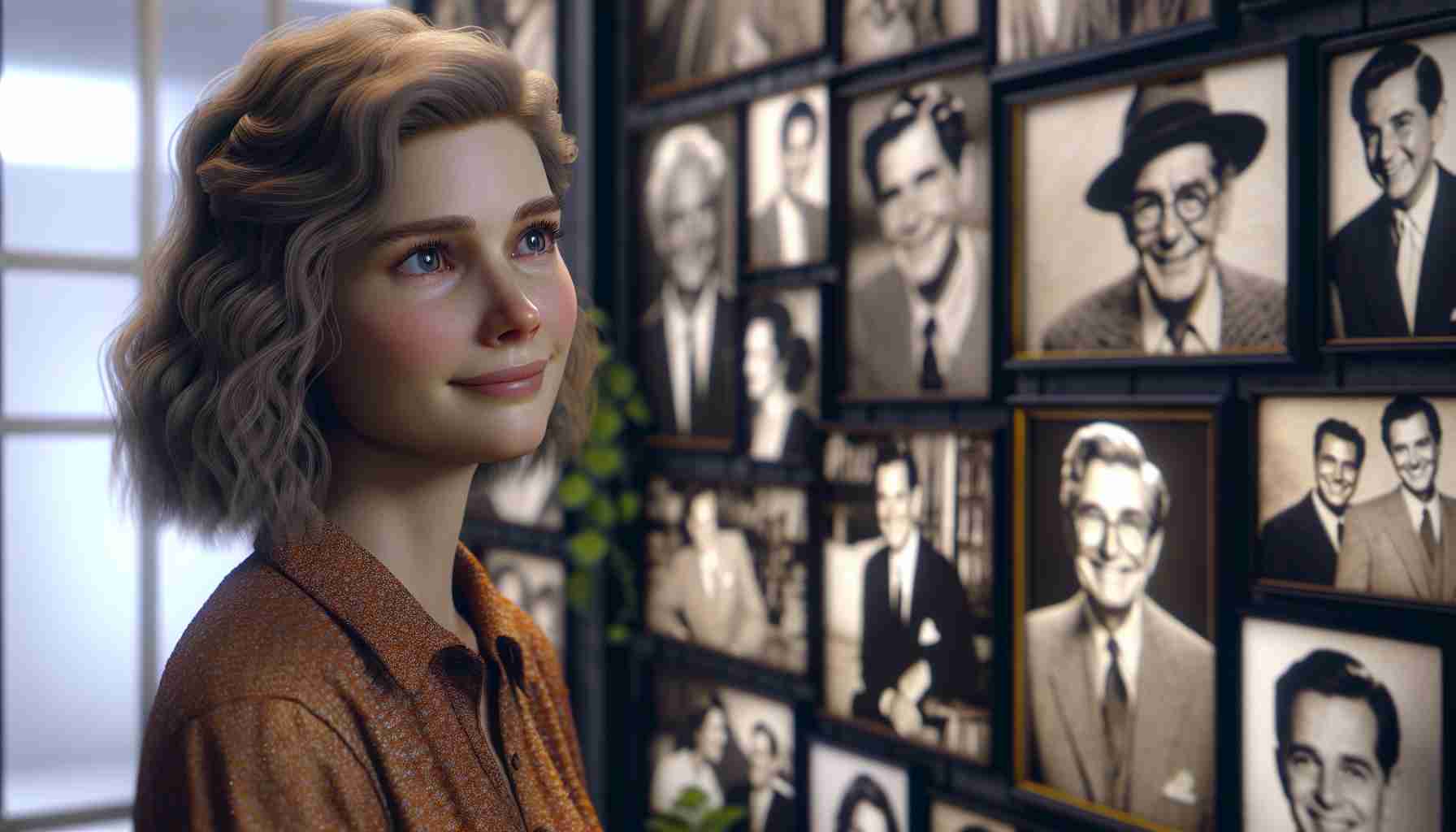 Realistic high definition image capturing a scenario where a renowned female actress reflects on the legacy of a cherished fellow actor. She stands by a wall adorned with memorable photos from various movies they starred in together. Her expression is one of wistful nostalgia, with a touch of sorrow yet a light smile, clearly showing her respect and warm feelings towards the absent colleague.