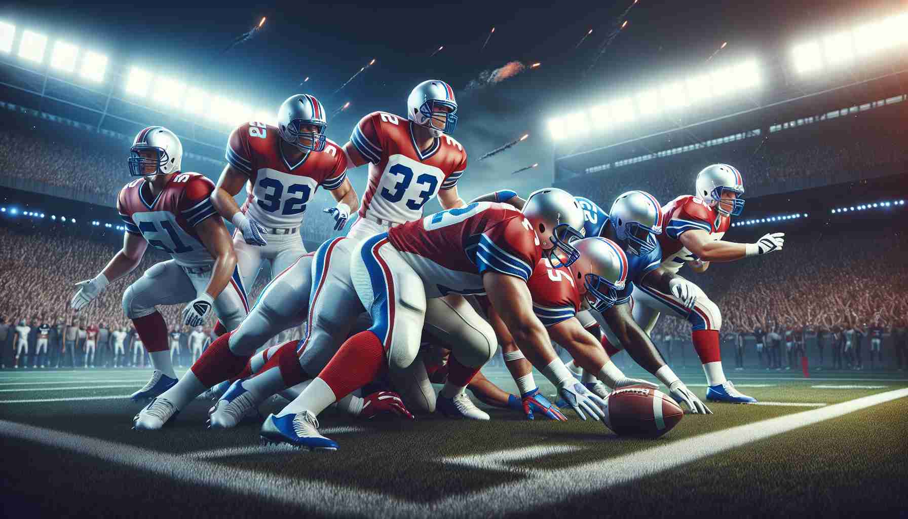 High definition realistic visual depiction of a strong defense team, associated with a professional American football team, skillfully ensuring a decisive victory in a match. The scene includes action-packed moments that represent excellent strategic moves, blocked offenses, intercepted passes, and powerful tackles. The team's colors of red, blue, and white are prominently showcased in the uniforms and possibly, the fan banners in the background. However, the scene does not involve any recognizable individual players or real-world team logos to maintain copyright considerations.