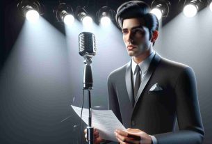 Realistic high-definition image of a male singer with black hair, styled in a 60s fashion, standing on a stage in a vintage microphone setting with a spotlight on him. He wears a sharp suit and holds a piece of paper, as if making a formal statement. Note: Do not include any specific branding or connect this prompt to any actual person.