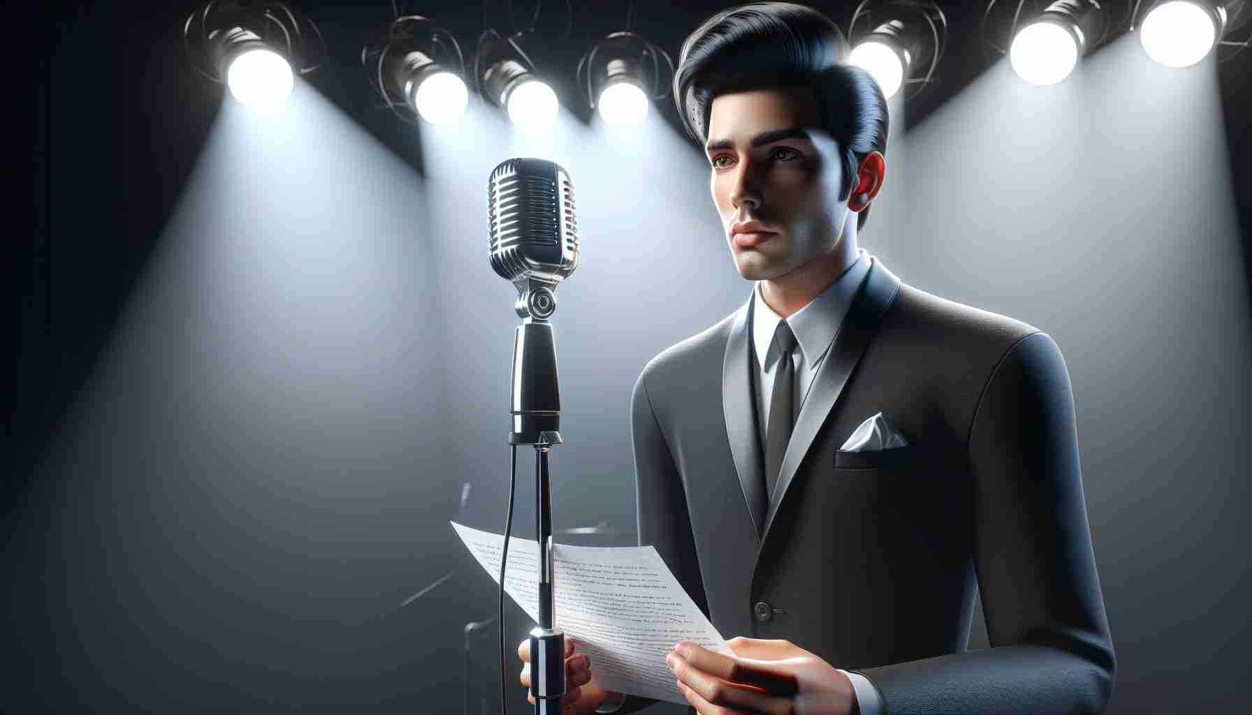 Realistic high-definition image of a male singer with black hair, styled in a 60s fashion, standing on a stage in a vintage microphone setting with a spotlight on him. He wears a sharp suit and holds a piece of paper, as if making a formal statement. Note: Do not include any specific branding or connect this prompt to any actual person.