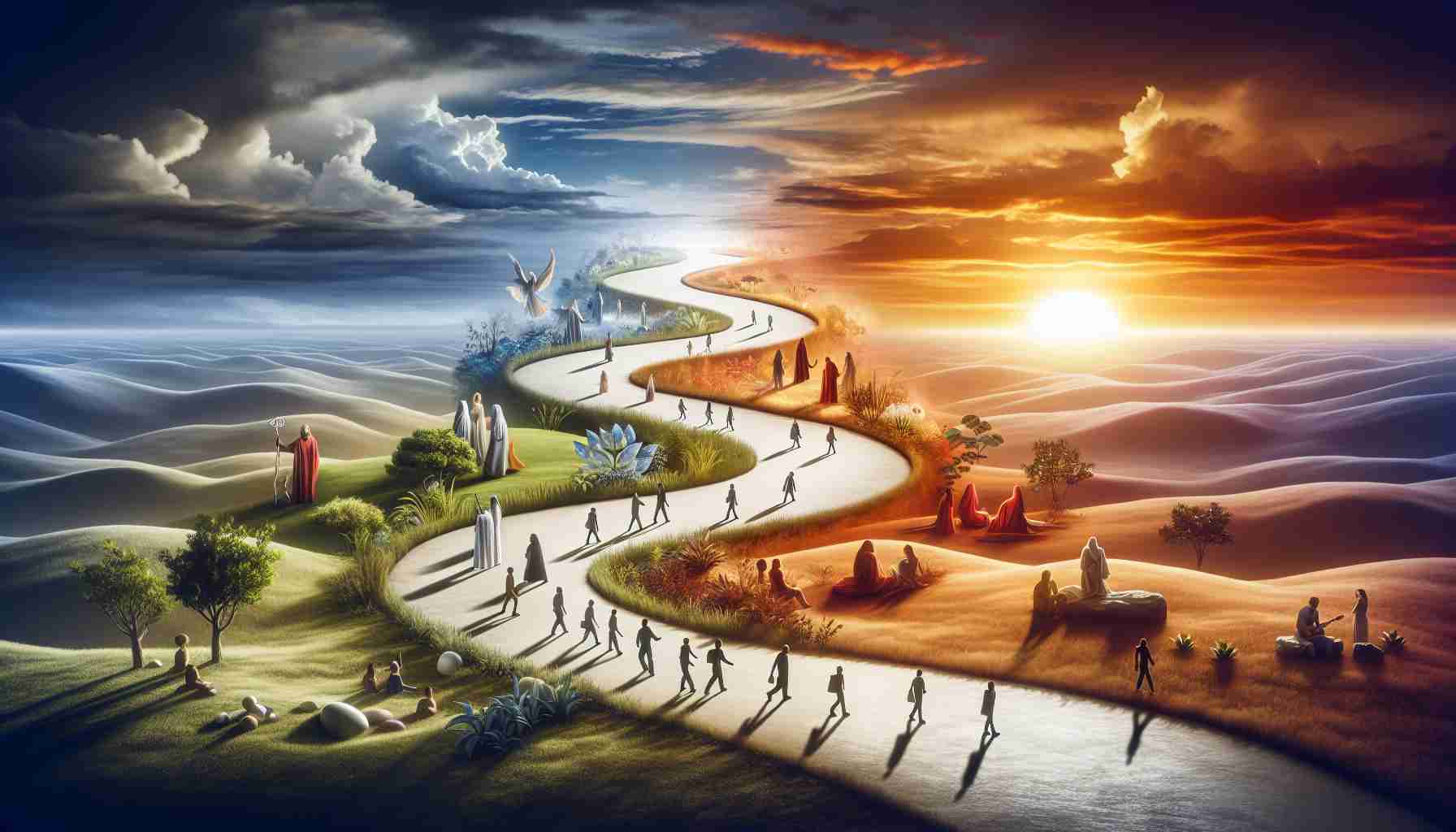 A high-definition, realistic image showing the concept of a journey of redemption. It can be represented by a winding path leading across diverse landscapes under a setting or rising sun, symbolic folks or objects scattered throughout the route, diverse individuals making the trek, each representing different stages of transformation, regret, reconciliation, and renewal. Please pay extra attention to colors and shadows to emphasize the emotional journey.