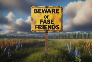 A hyper-realistic, high definition image. The focus is on a yellow warning sign standing alone in an open field under a blue and cloudy sky. The sign reads 'Beware of False Friends', written in bold, black uppercase letters. It appears worn and weather-beaten, indicating some age. The field is lush and vibrant, with wildflowers scattered around. In the background there are faint silhouettes of trees.