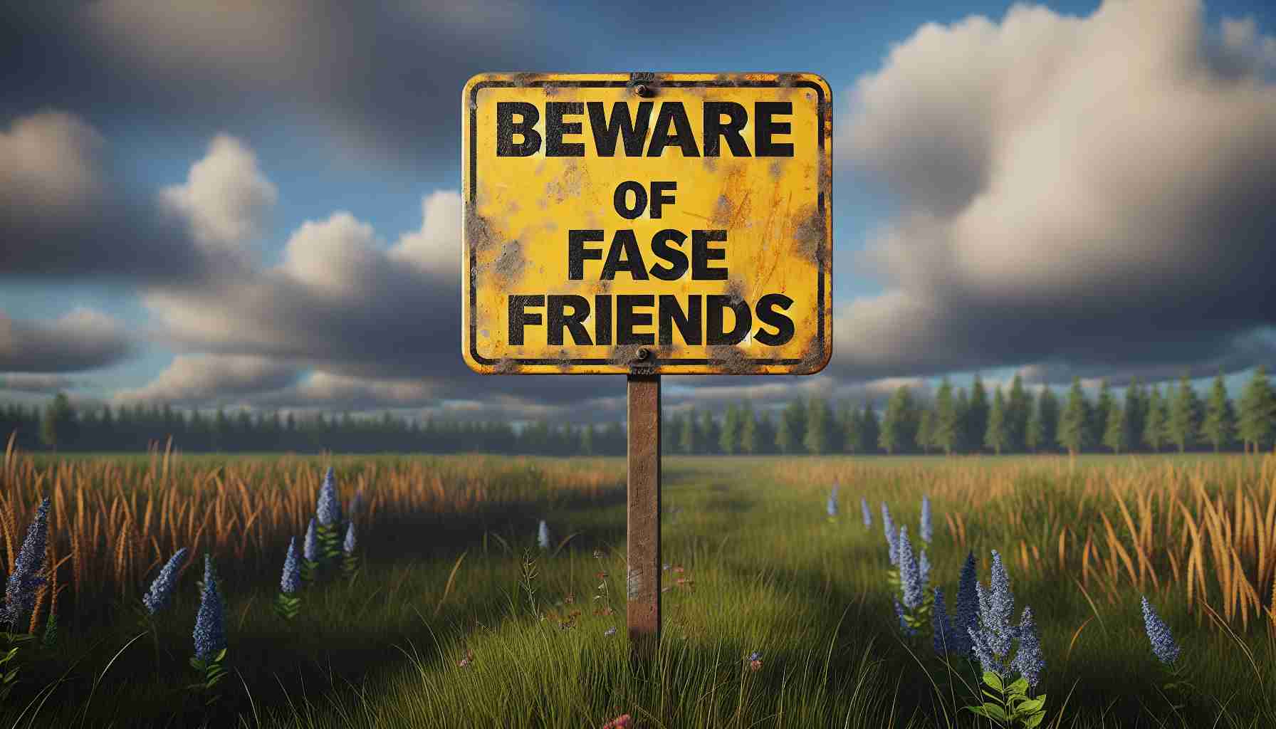 A hyper-realistic, high definition image. The focus is on a yellow warning sign standing alone in an open field under a blue and cloudy sky. The sign reads 'Beware of False Friends', written in bold, black uppercase letters. It appears worn and weather-beaten, indicating some age. The field is lush and vibrant, with wildflowers scattered around. In the background there are faint silhouettes of trees.