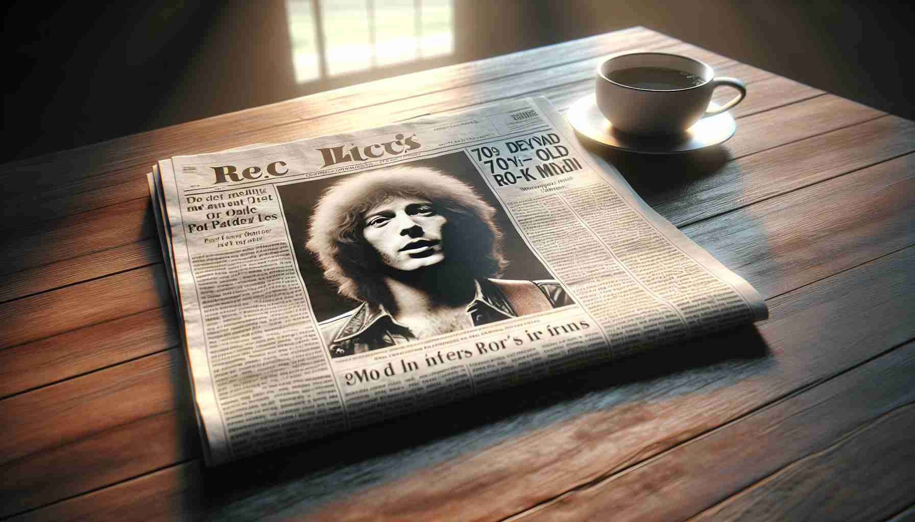 Create a realistic, high-definition image depicting a newspaper featuring a headline about the passing away of a renowned 70-year-old rock band member. The newspaper should be on a wooden table with a cup of coffee next to it. The early morning sunlight is coming through a nearby window, casting a gentle glow on the table surface.