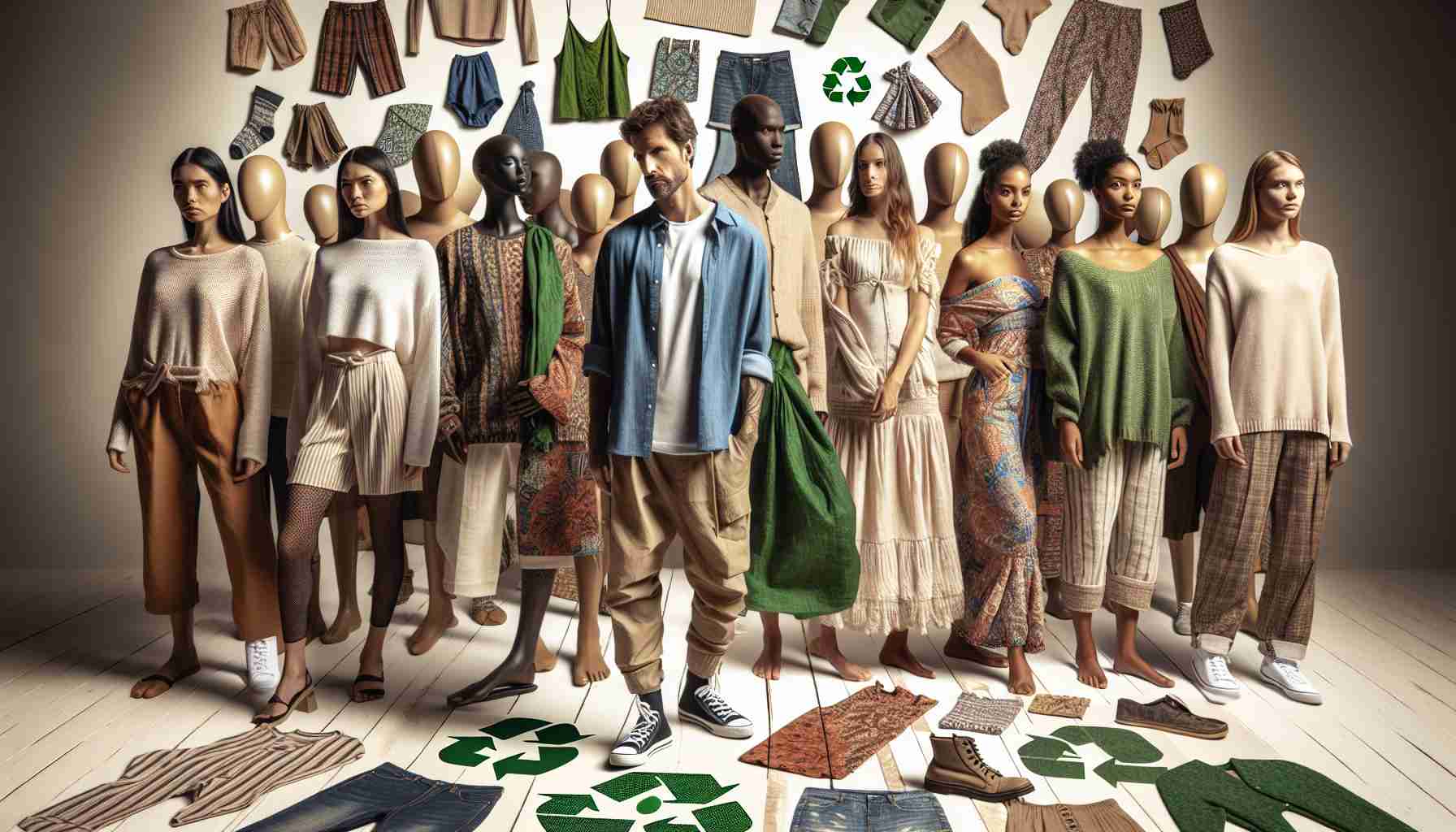 A high-definition, realistic photo displaying an array of the latest sustainable fashion trends. The scene includes several diverse models of different descents who are showcasing eco-friendly clothing pieces. These consist of clothes made from up-cycled materials, natural dyes, and organically grown fibers. The patterns and styles of the clothes symbolize current fashion trends. Also, the materials and processes used to create these clothes emphasize the sustainability factor.