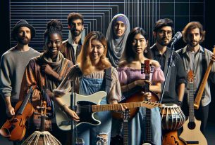 A high-definition, realistic image of a diverse and talented cohort from the 2024 Music Awards Nominees Showcase. It includes musicians of different genres, excitedly waiting to perform. From left to right, there's a Middle-Eastern female with a violin, a Black male with an electronic keyboard, an Asian woman holding a microphone, a South Asian man with a tabla, a Hispanic woman with an acoustic guitar and a Caucasian man with a saxophone. Each one displays readiness and excitement, all equally capable and determined, representing the face of the global music industry.