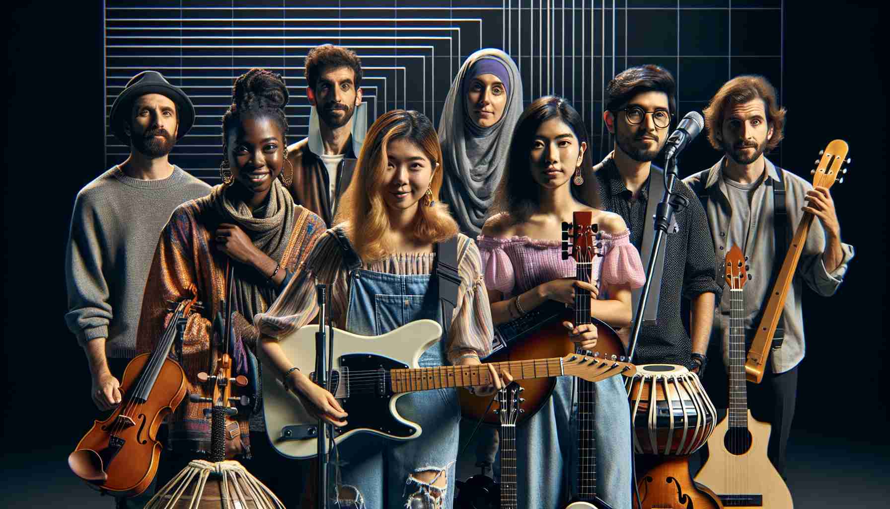 A high-definition, realistic image of a diverse and talented cohort from the 2024 Music Awards Nominees Showcase. It includes musicians of different genres, excitedly waiting to perform. From left to right, there's a Middle-Eastern female with a violin, a Black male with an electronic keyboard, an Asian woman holding a microphone, a South Asian man with a tabla, a Hispanic woman with an acoustic guitar and a Caucasian man with a saxophone. Each one displays readiness and excitement, all equally capable and determined, representing the face of the global music industry.