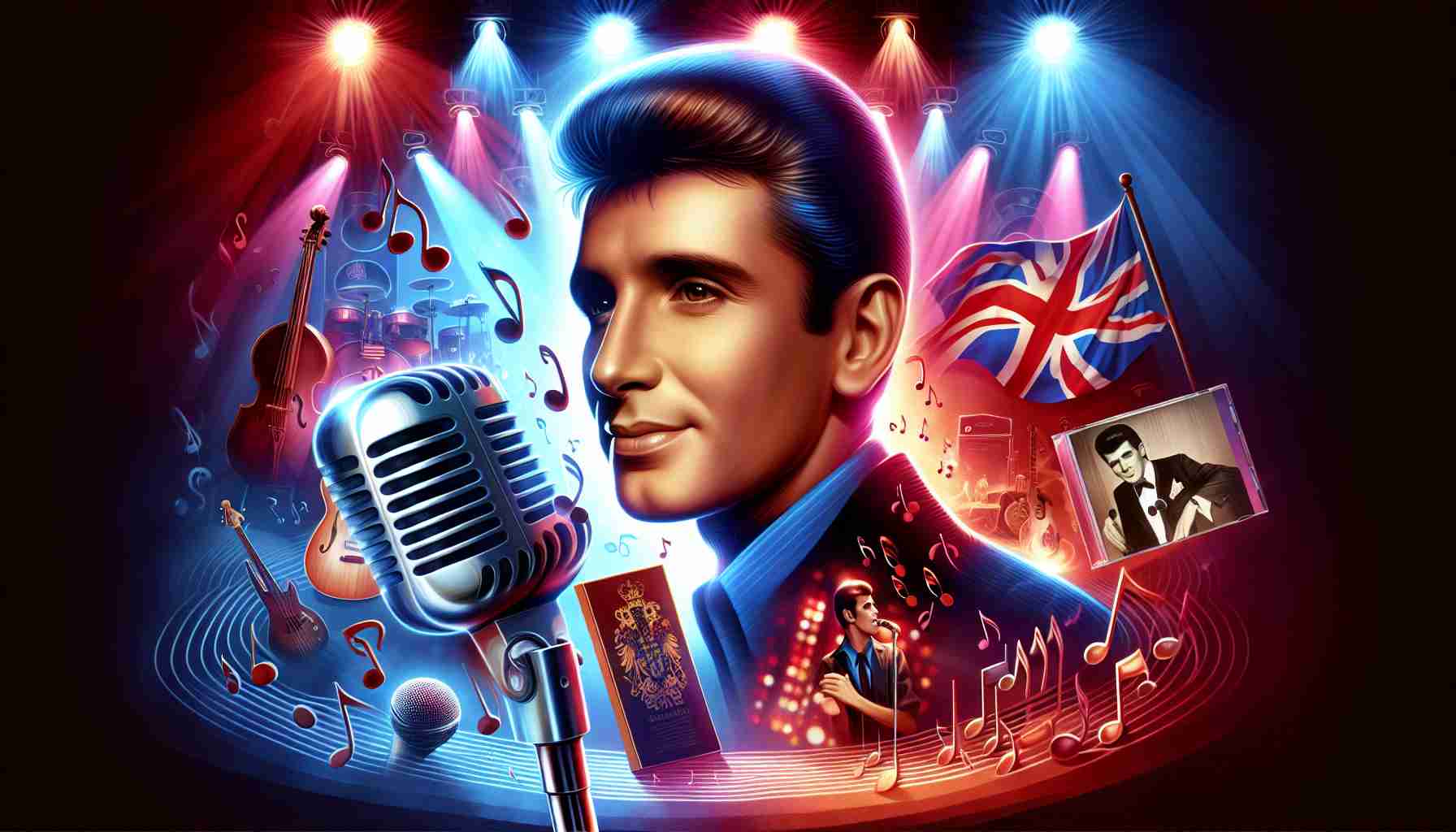 A vivid, high-definition image portraying the musical legacy of a famed, English-style pop singer. The picture should feature elements such as a microphone, music notes, concert lights, and album covers, symbolizing his remarkable contributions to the world of music.