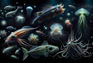 Create a realistic high definition image showcasing the mysteries and wonders of deep-sea creatures. The image should include a variety of marine life such as bioluminescent jellyfish, colossal squids, and anglerfish. The background should depict the pitch-black ocean depths, punctuated by hints of bioluminescent glow and emanating an aura of surreal, eerie beauty. The creatures should be marvelously detailed, with each animal showcasing its distinctive and frequently strange features, characteristic of the diversity of deep-sea life.