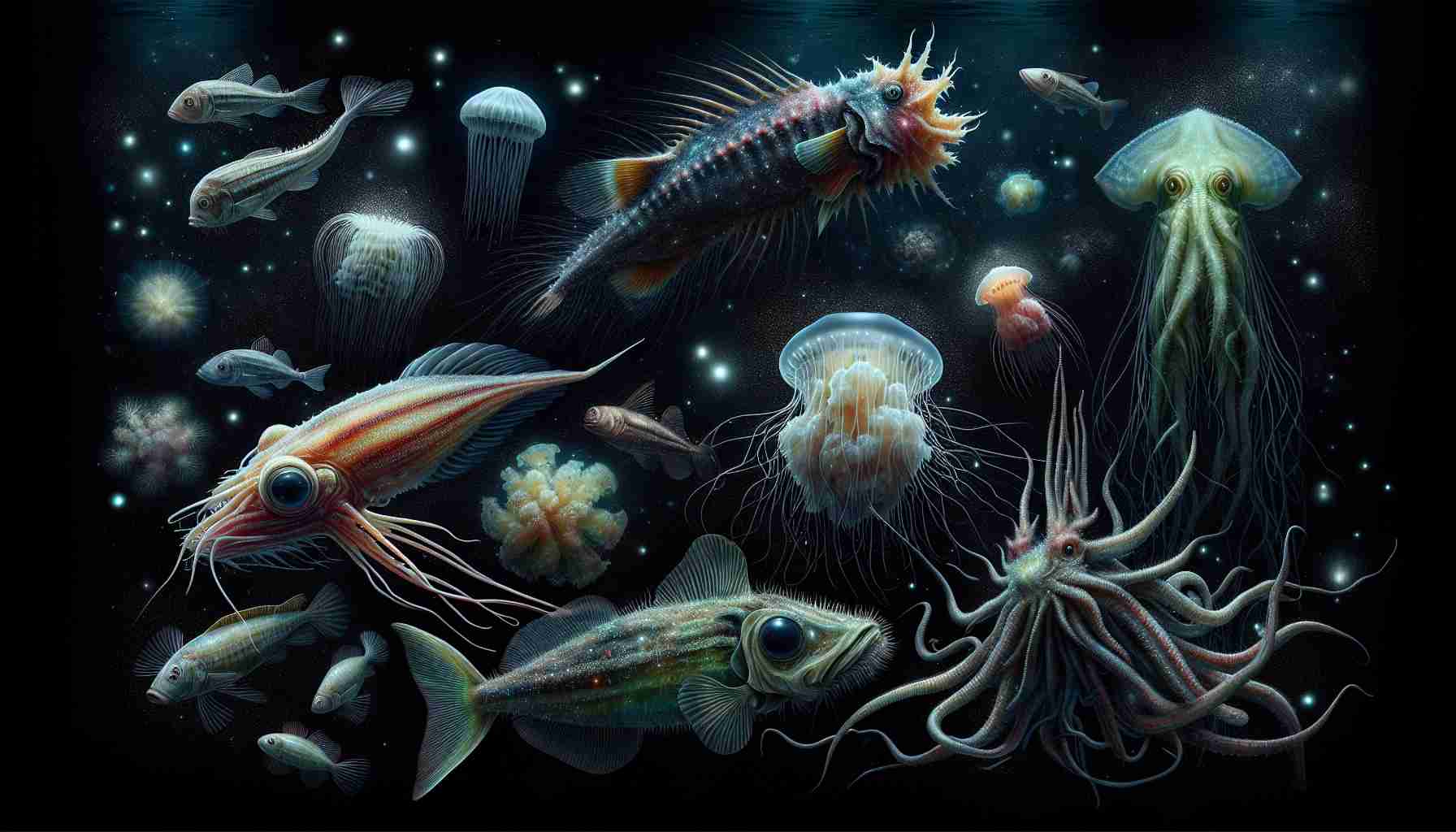 Create a realistic high definition image showcasing the mysteries and wonders of deep-sea creatures. The image should include a variety of marine life such as bioluminescent jellyfish, colossal squids, and anglerfish. The background should depict the pitch-black ocean depths, punctuated by hints of bioluminescent glow and emanating an aura of surreal, eerie beauty. The creatures should be marvelously detailed, with each animal showcasing its distinctive and frequently strange features, characteristic of the diversity of deep-sea life.