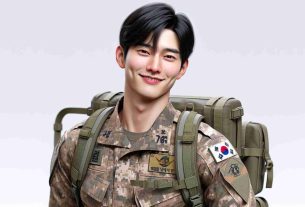 A realistic, high-definition image of a young, fit Asian male nearing the end of his military service. He boasts an upbeat personality and a mischievous smile. Wearing a military uniform characterized by its camouflaged pattern and the emblem of South Korean military on the right shoulder. He carries a standard issue military backpack, and his black hair is neatly kept under a military cap indicating his discipline and dedication. Curiously, despite the seriousness associated with his role, there's a subtle presence of charm, similar to that of a K-pop star.