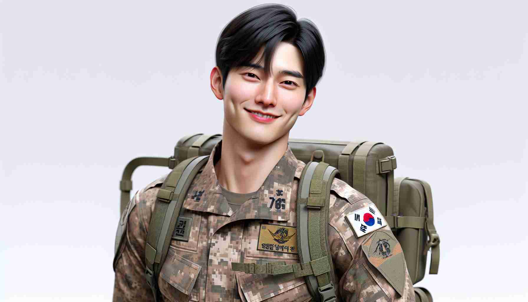 A realistic, high-definition image of a young, fit Asian male nearing the end of his military service. He boasts an upbeat personality and a mischievous smile. Wearing a military uniform characterized by its camouflaged pattern and the emblem of South Korean military on the right shoulder. He carries a standard issue military backpack, and his black hair is neatly kept under a military cap indicating his discipline and dedication. Curiously, despite the seriousness associated with his role, there's a subtle presence of charm, similar to that of a K-pop star.