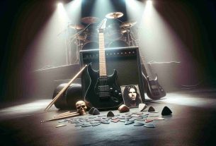 A realistic high-definition image of a tribute to a legendary figure in the world of metal music. The image includes a guitar laid against an amplifier with stage lighting beaming overhead. Around these items are scattered picks and drumsticks, signifying the contribution of the metal legend. The backdrop is a dimly-lit concert venue, capturing the essence of the live performances of this revered music genre.