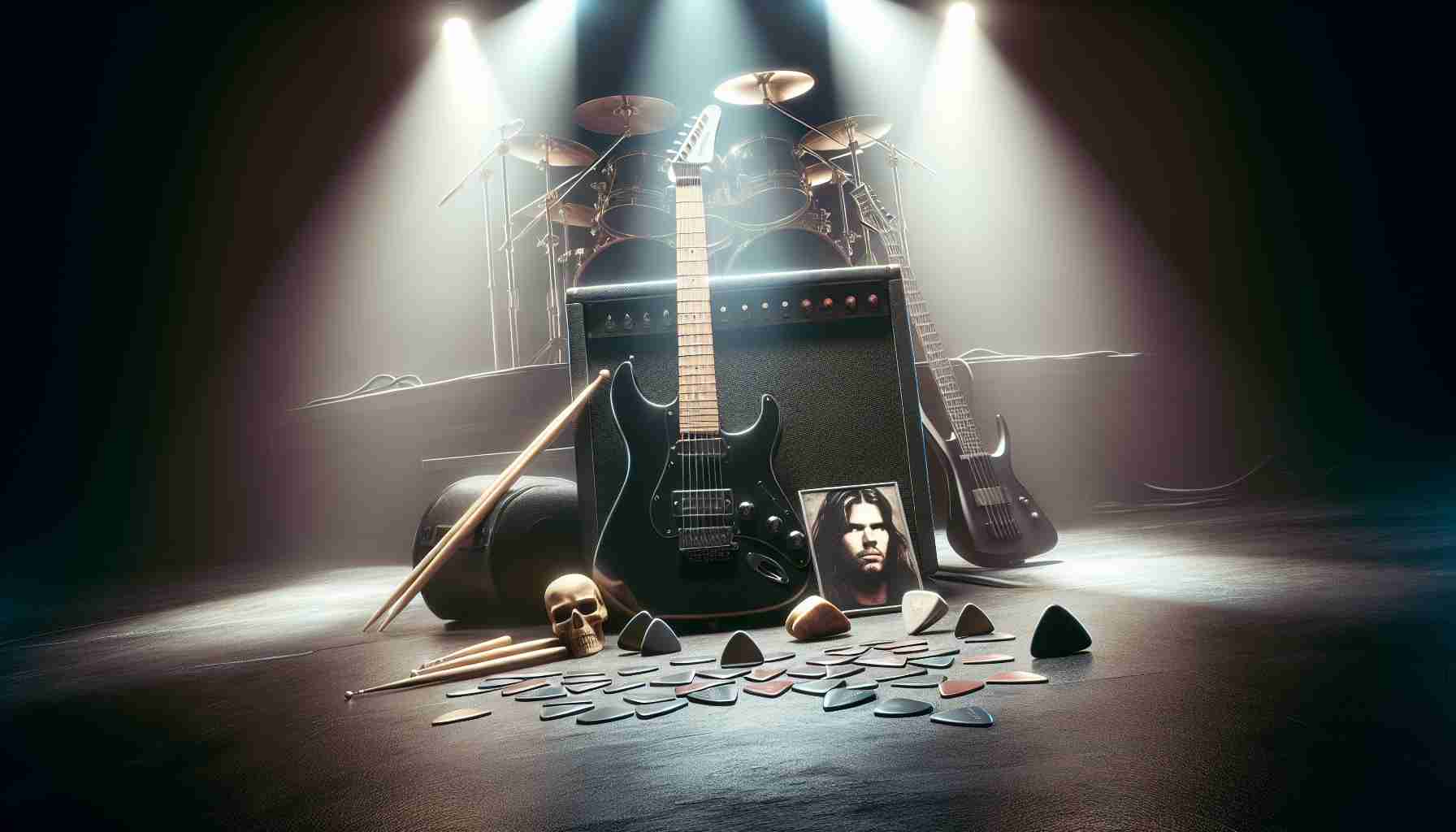 A realistic high-definition image of a tribute to a legendary figure in the world of metal music. The image includes a guitar laid against an amplifier with stage lighting beaming overhead. Around these items are scattered picks and drumsticks, signifying the contribution of the metal legend. The backdrop is a dimly-lit concert venue, capturing the essence of the live performances of this revered music genre.