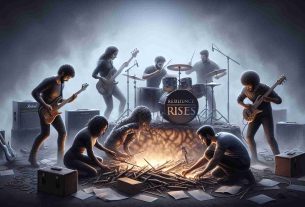 Realistic HD image of a hypothetical rock band emerging from the ashes of their past. The band members are depicted forging new paths in a symbolic manner. The drummer, a Caucasian male, is seen picking up a pair of drumsticks anew, while the rhythm guitarist, a Black female, is curiously exploring new instruments. The lead vocalist, a Hispanic male, is shown writing fresh lyrics, while the bassist, a Middle-Eastern female, is experimenting with different musical styles. Their collective resilience is palpable, highlighting the title 'Resilience Rises'.