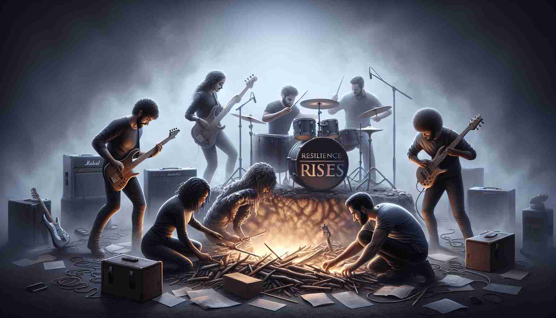 Realistic HD image of a hypothetical rock band emerging from the ashes of their past. The band members are depicted forging new paths in a symbolic manner. The drummer, a Caucasian male, is seen picking up a pair of drumsticks anew, while the rhythm guitarist, a Black female, is curiously exploring new instruments. The lead vocalist, a Hispanic male, is shown writing fresh lyrics, while the bassist, a Middle-Eastern female, is experimenting with different musical styles. Their collective resilience is palpable, highlighting the title 'Resilience Rises'.