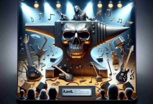 Create a high-definition, realistic image that symbolizes the impact of a metal music legend named Dave Allison on a band called Anvil. This can include elements such as a metal anvil, guitars, music notes, and stage lights to represent his contribution to music. Avoid including direct likeness or references to real persons.