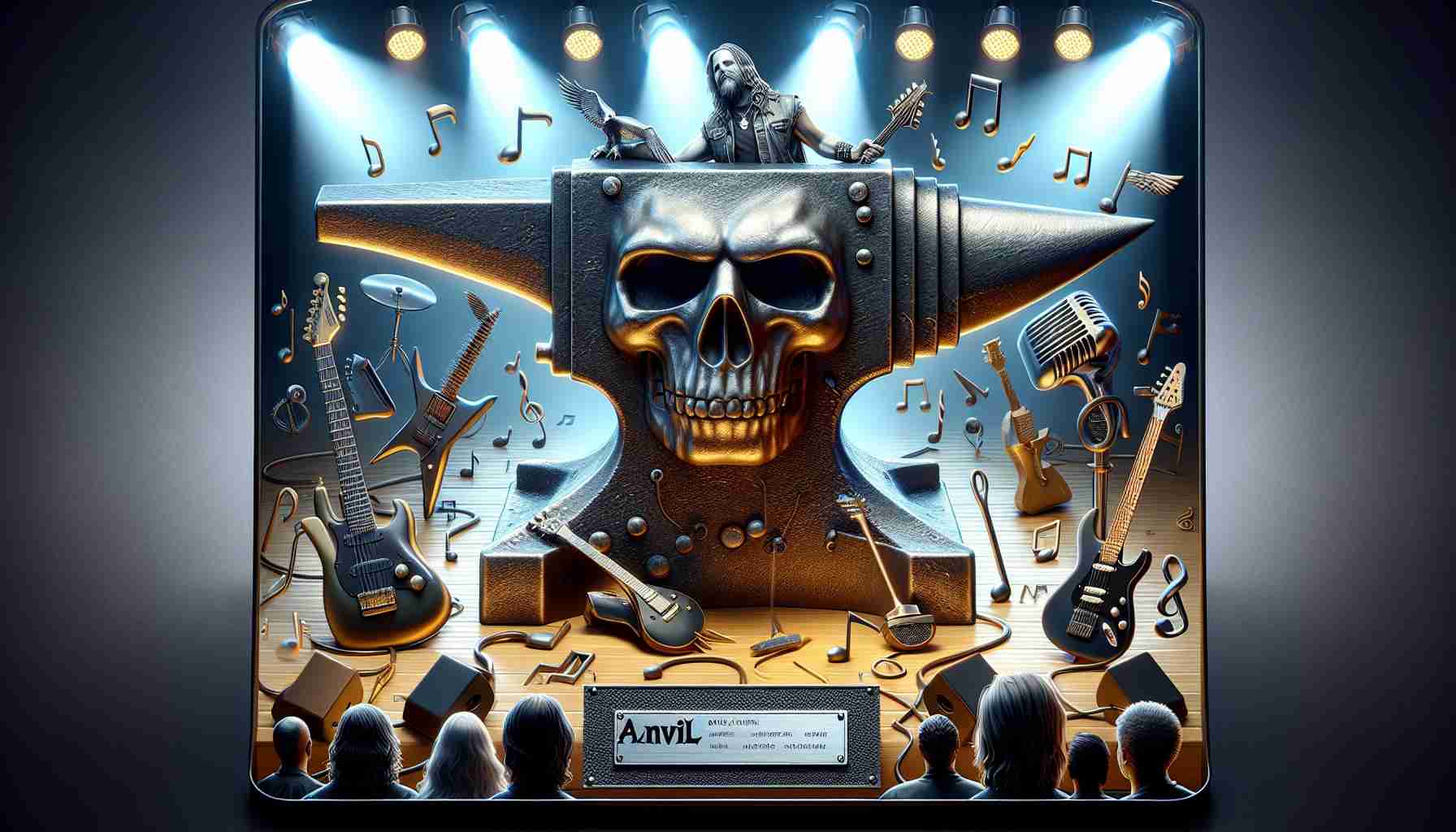 Create a high-definition, realistic image that symbolizes the impact of a metal music legend named Dave Allison on a band called Anvil. This can include elements such as a metal anvil, guitars, music notes, and stage lights to represent his contribution to music. Avoid including direct likeness or references to real persons.