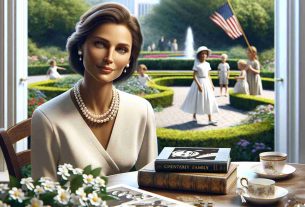 A realistic, high definition image that captures the essence of the legacy and vision of a significant female public figure from a powerful political family, without disclosing her identity. The picture should focus on symbolic elements associated with her, such as a white dress, pearls, a book on charity work, and an outdoor setting with lush gardens and children playing, which symbolize her efforts towards promoting civil rights, education, and community service.