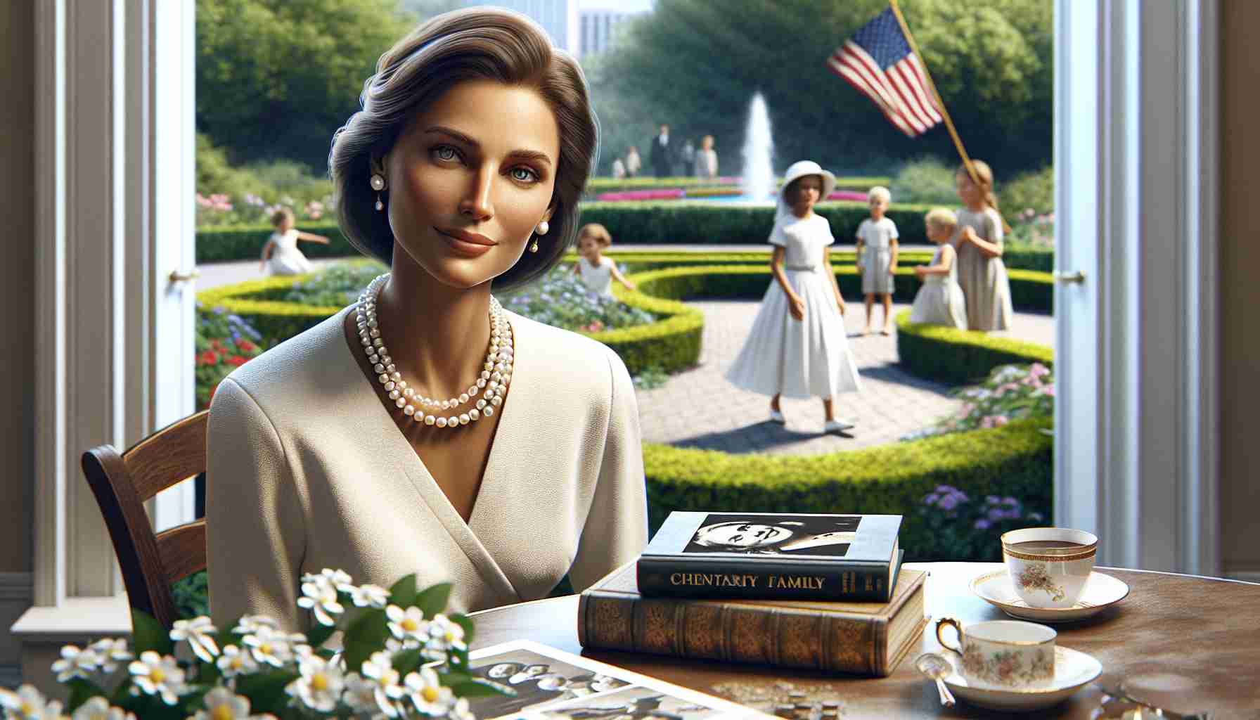 A realistic, high definition image that captures the essence of the legacy and vision of a significant female public figure from a powerful political family, without disclosing her identity. The picture should focus on symbolic elements associated with her, such as a white dress, pearls, a book on charity work, and an outdoor setting with lush gardens and children playing, which symbolize her efforts towards promoting civil rights, education, and community service.