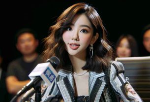 High-definition realistic image of a popular young Asian female singer, known for her distinctive style and performances in a famous K-pop group, is depicted expressing interest in a future collaboration with an emerging figure in the hip-hop music scene. The setting is a press conference, the singer is dressed in fashionable attire typical for her, showing sincere enthusiasm and excitement about the potential artistic partnership.