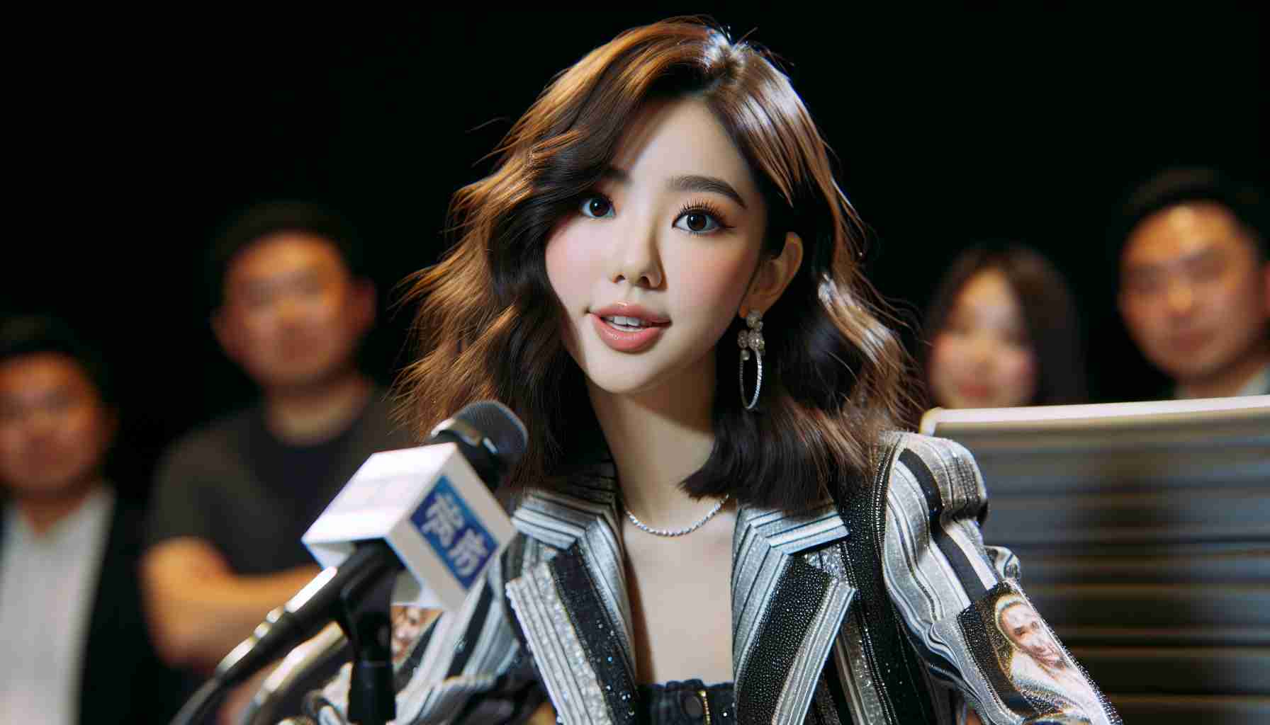 High-definition realistic image of a popular young Asian female singer, known for her distinctive style and performances in a famous K-pop group, is depicted expressing interest in a future collaboration with an emerging figure in the hip-hop music scene. The setting is a press conference, the singer is dressed in fashionable attire typical for her, showing sincere enthusiasm and excitement about the potential artistic partnership.