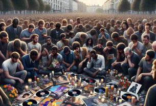 A high-definition, realistic image of a scene where people are mourning the loss of an influential figure in the music industry. The scene is emotionally charged, with a mixture of grief and commemoration. Individuals across various descents, Caucasian, Black, South Asian, Hispanic, and Middle-Eastern, both men and women, can be seen holding up vinyl records and concert memorabilia, while some are quietly shedding tears. Others are busy creating makeshift memorials with flowers, candles, music notes and instruments. The setting is a public space, like a park or a square, filled with posters featuring colorful abstract guitar images and music notes.