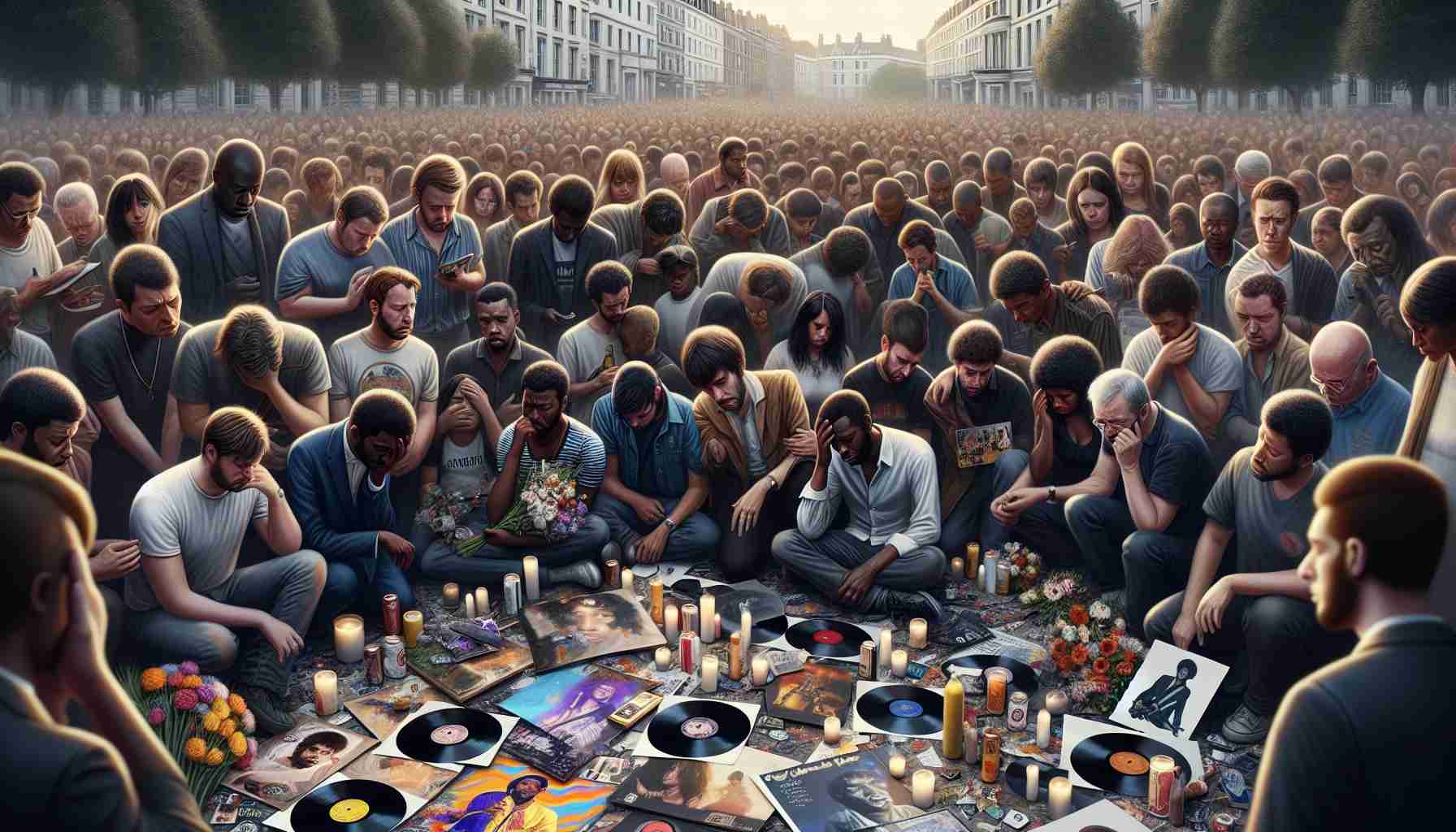 A high-definition, realistic image of a scene where people are mourning the loss of an influential figure in the music industry. The scene is emotionally charged, with a mixture of grief and commemoration. Individuals across various descents, Caucasian, Black, South Asian, Hispanic, and Middle-Eastern, both men and women, can be seen holding up vinyl records and concert memorabilia, while some are quietly shedding tears. Others are busy creating makeshift memorials with flowers, candles, music notes and instruments. The setting is a public space, like a park or a square, filled with posters featuring colorful abstract guitar images and music notes.