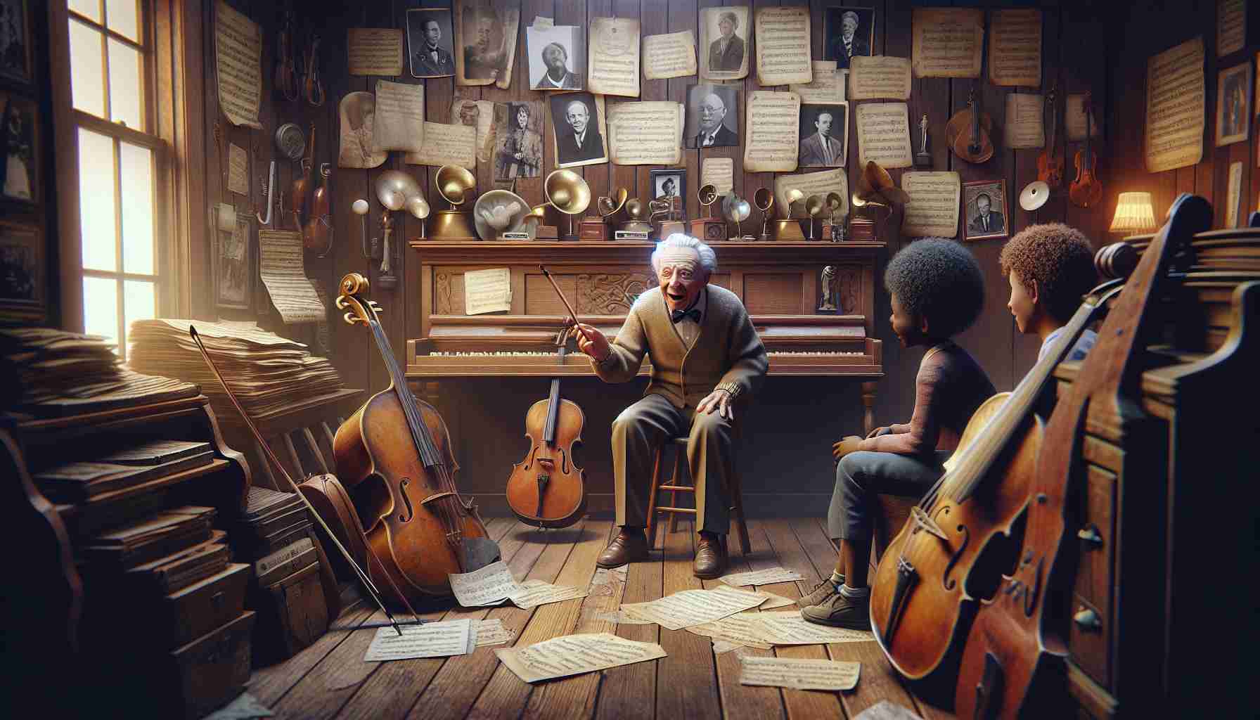 A carefully detailed, high definition image providing a behind-the-scenes look into the world of music. The intricacies of a family's musical legacy are being uncovered. A charismatic elderly patriarch, a Caucasian man, is sitting in a quaint music room filled with various instruments, passionately retelling his family's musical journey to his attentive listeners, a young Black woman and a Hispanic lad. A violin, aged sheet music scattered, faded photographs depicting various generations, and numerous music awards filling the shelves on the wall, breaking the monotony of the wooden backdrop. The room is filled with nostalgia, evoking a deep reverence for the musical lineage.