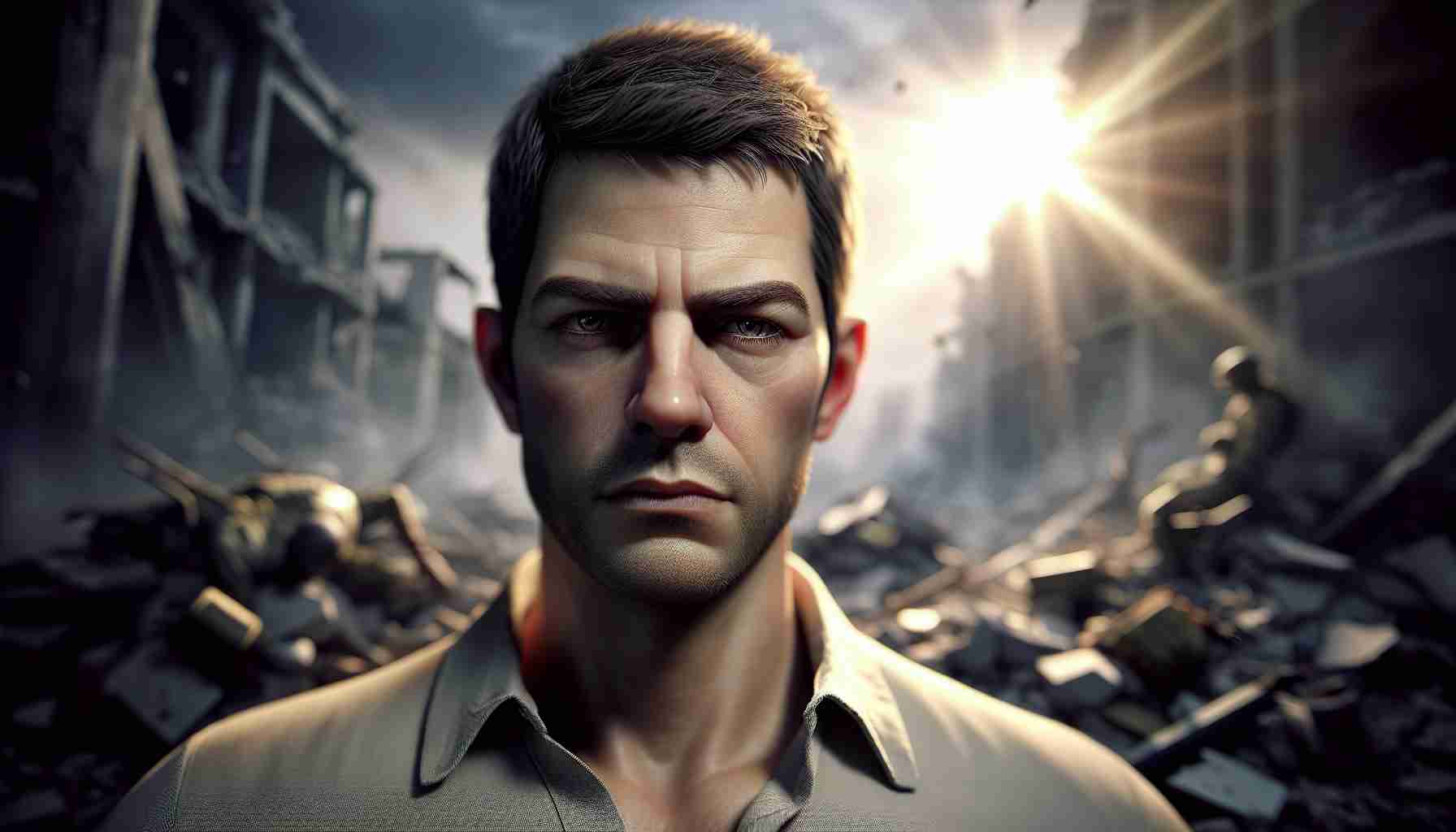 A realistic high-definition image capturing the essence of determination amid tragedy in the form of a male figure with short hair, average build, and sharp eyes that reflects the seriousness of his disposition. He is in a setting that depicts a mixture of destruction and hope, with rubble, dust, and debris in the background, yet with a rising sun filtering through the scene creating a symbolic aura of resilience and patience.