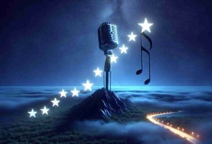 A high definition, realistic image of a metaphorical concept illustrating success for rising K-pop artists. This should depict a scenic view of stars in a dark night sky that are climbing upwards. Meanwhile, a symbolic microphone or musical note can be shown reaching towards the sky, expressing their soaring success in the music industry.