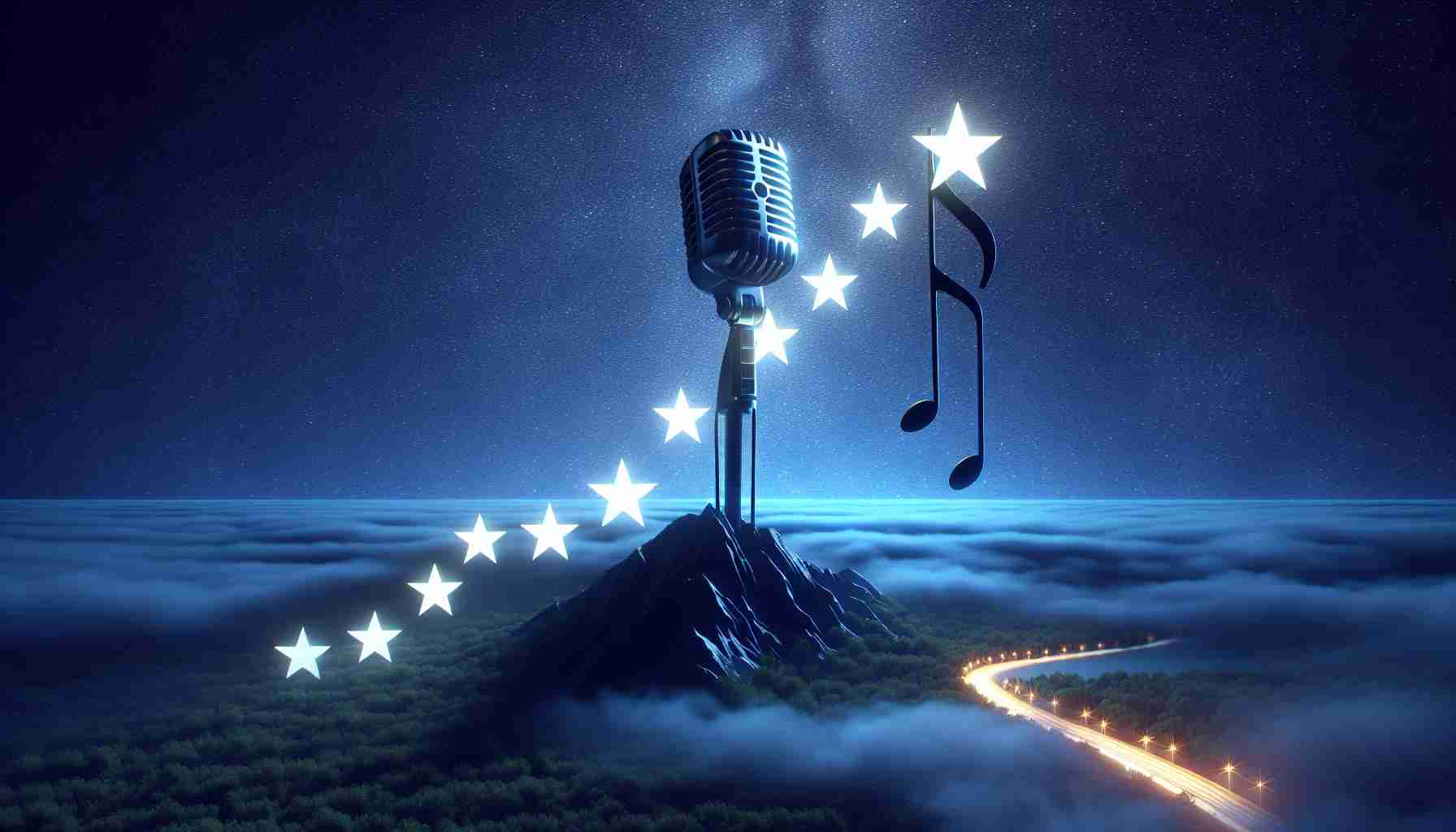 A high definition, realistic image of a metaphorical concept illustrating success for rising K-pop artists. This should depict a scenic view of stars in a dark night sky that are climbing upwards. Meanwhile, a symbolic microphone or musical note can be shown reaching towards the sky, expressing their soaring success in the music industry.