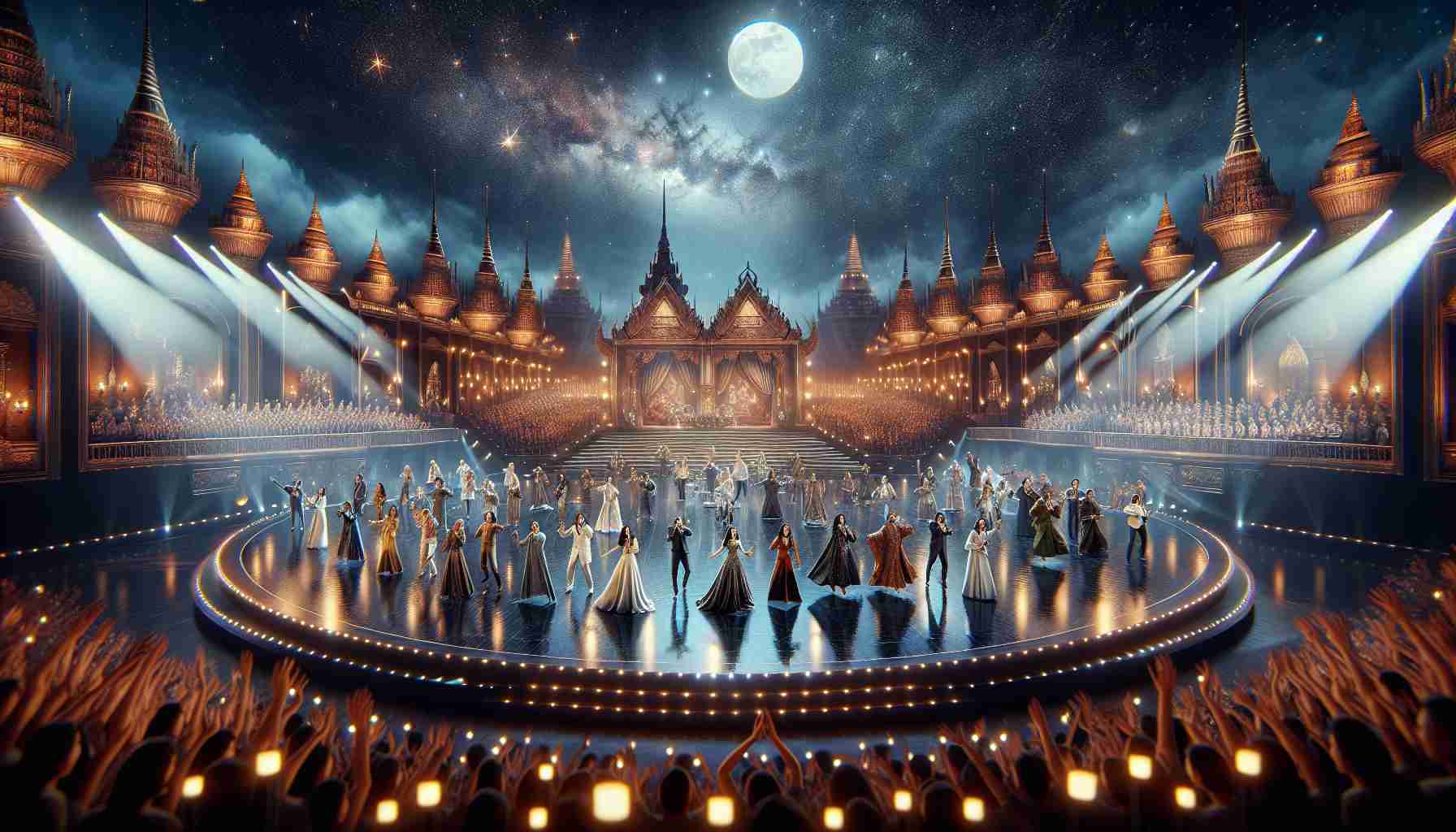 Generate a high-definition, realistic image representing the unforgettable evening of a legendary reunion on stage. The scene includes an exquisitely designed stage under the starlight, adorned with an elaborate backdrop and dazzling lights. On stage, a group of artists from diverse backgrounds perform harmoniously, their emotions clearly visible, conveying a palpable sense of excitement and nostalgia. The audience is in awe, cheering and applauding with utmost enthusiasm. This image should capture the intense atmosphere of the event, creating a sense of disbelief and astonishment.