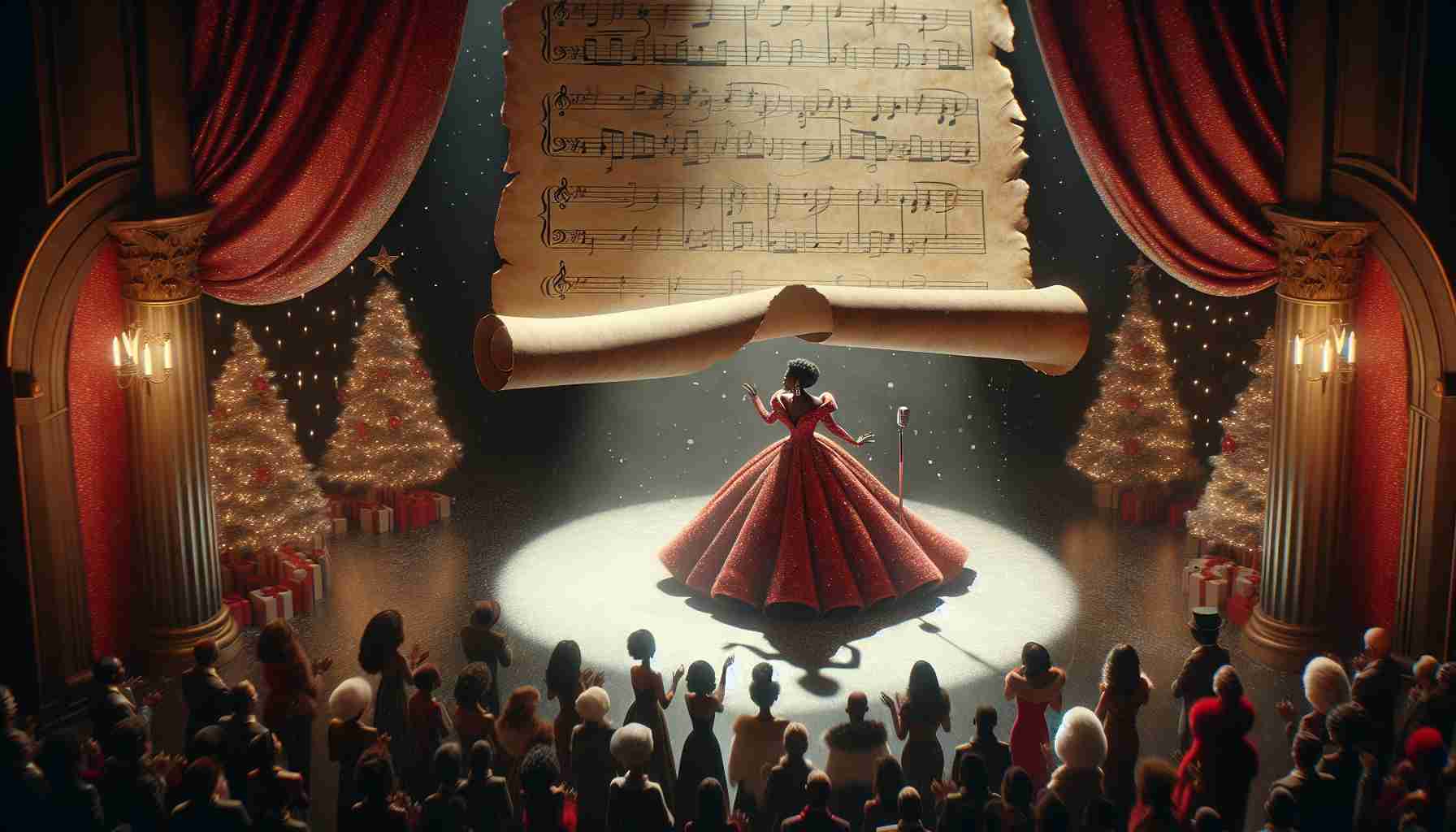 A thematic interpretation of a popular holiday song. The scene unfolds a mysterious atmosphere associated with holiday celebrations. There's a prominent artist whose identity is not disclosed, known for her strong and soulful voice, standing on a decorated stage. She's African American, wearing a brilliant, festive red gown, adorned with shimmering snowflakes. In the background, an oversized parchment scroll is unfurling, full of musical notes symbolizing the song's melody. A sense of excitement and festive joy hangs in the air as the crowd beneath the stage, of various descents and genders, eagerly anticipates the performance.