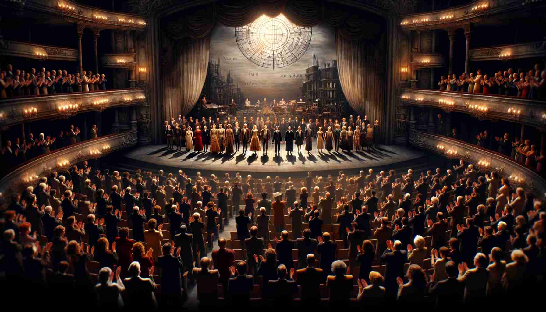 Generate a realistic HD image of a dramatic scene titled 'One Last Curtain Call: The End of an Era'. This picture should capture the emotive essence of a final performance in a grand theater. The stage is well lit, with an intricate backdrop hinting at an elaborate play that has just concluded. A diverse range of actors, of all ethnicities and genders, stand center stage, taking their final bow as they silently bid farewell to their appreciative audience. The audience's standing ovation creates a symphony of applause, signaling the end of an era. There is a palpable sense of finality, nostalgia, and respect.