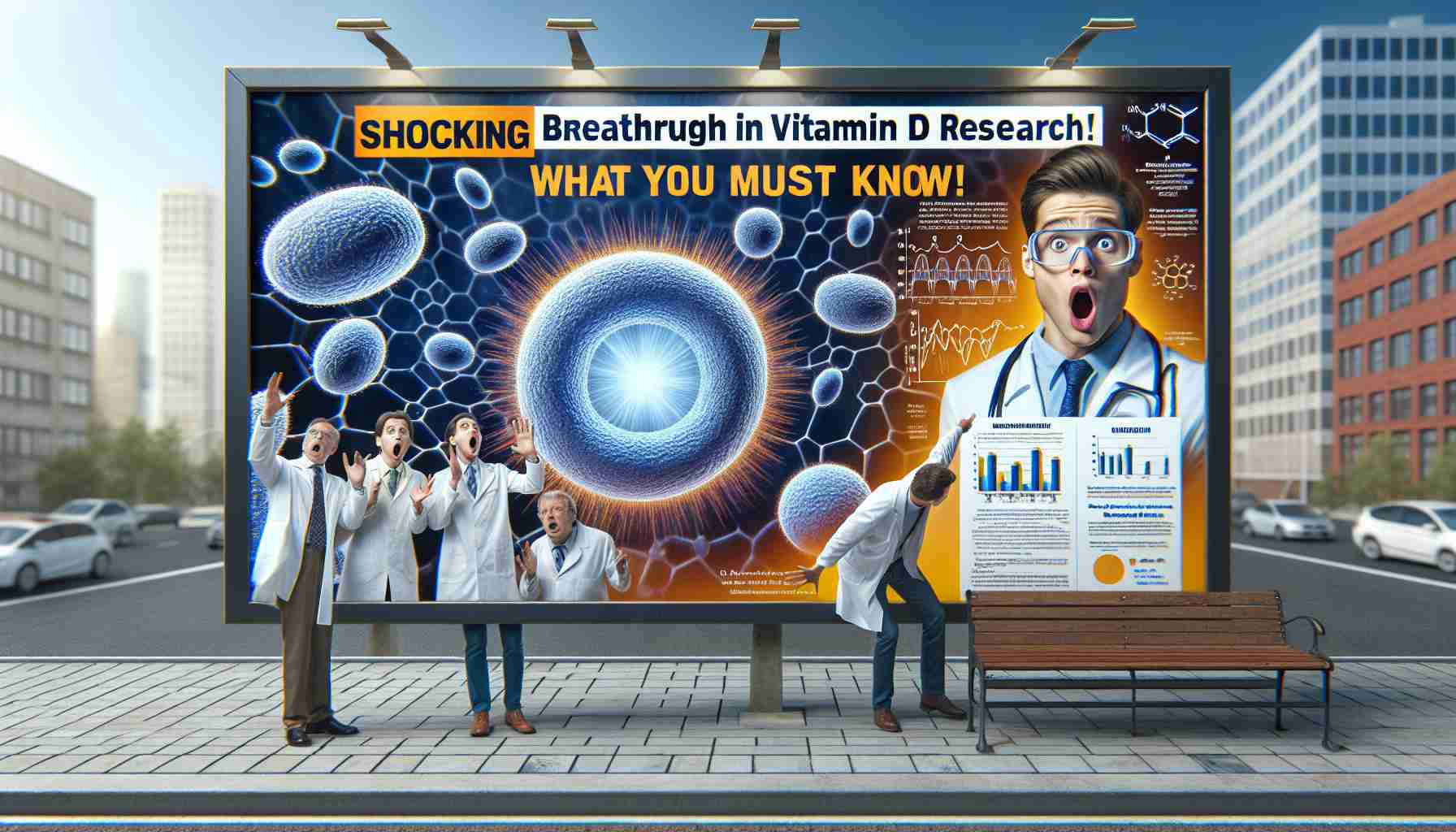 Create a realistic, high-definition image that conveys a shocking breakthrough in Vitamin D research. The picture could include a magnified 3D model of the Vitamin D molecule, scientific graphs demonstrating the groundbreaking results, and a backdrop of astonished researchers. Alongside, present an appealing, informative billboard with the bold caption: 'Shocking Breakthrough in Vitamin D Research! What You Must Know!'