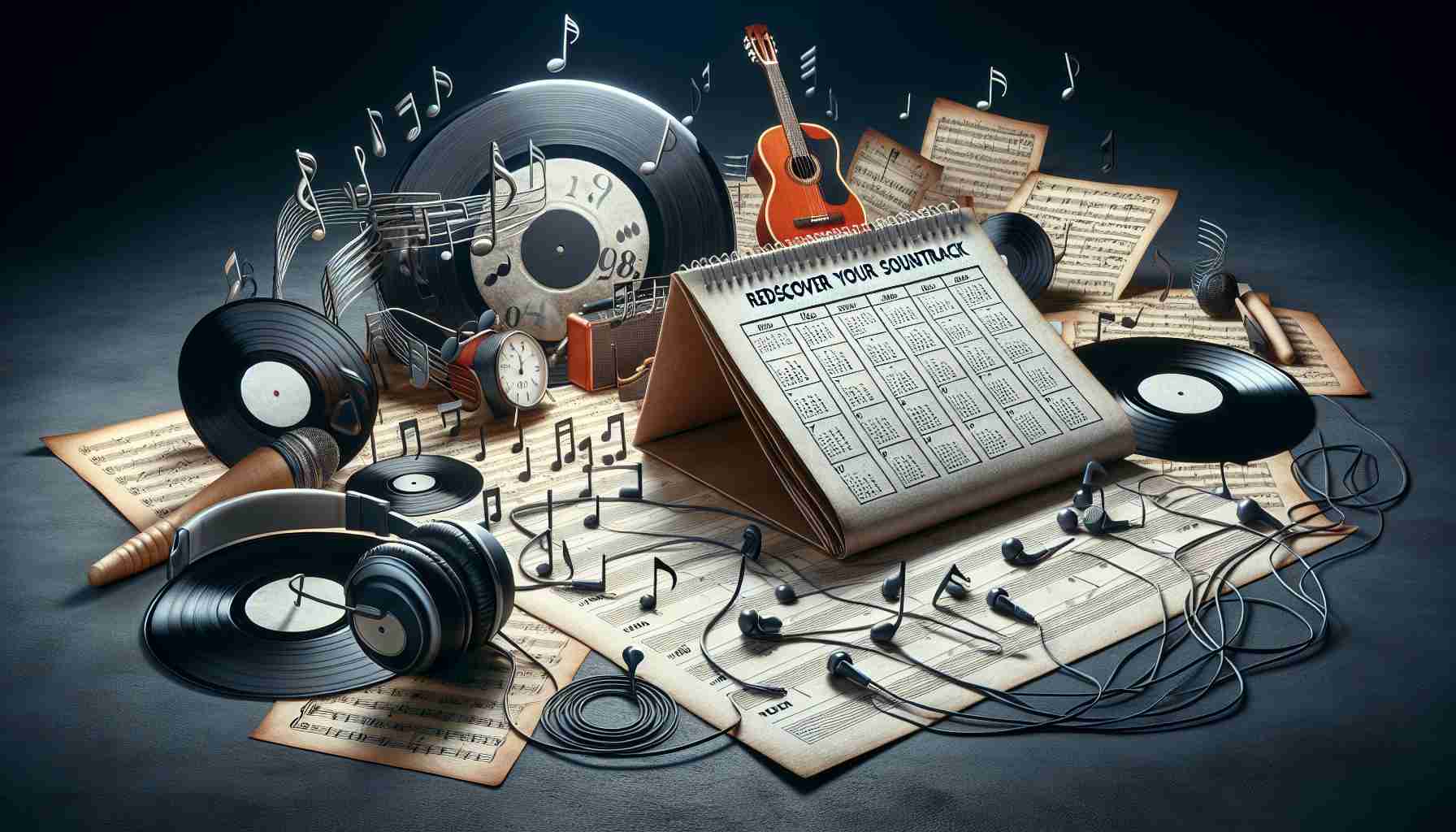 A high definition, realistic image depicting the concept of 'Rediscover Your Soundtrack: How Music Shaped My Year'. Include visual metaphor like a calendar with musical notes, record vinyls representative of various months, musical instruments, strewn sheet music, symbolic of a year being shaped by music. Integrate headphones possibly draped across this scene to symbolize individual music discovery.