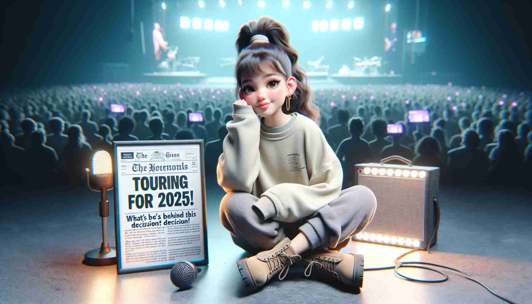 An HD rendition of a young woman, petite in stature with a brunette high ponytail hairstyle, relaxed in an environment that suggests a break. She is in a casual attire - oversized sweatshirt, boots. She is known for her exceptional singing talent, reflected by a microphone nearby hinting at her profession as a singer. Around her, indications of touring visuals like a tour bus, stage lights, and crowded arenas are momentarily at rest, paused for 2025. Include a newspaper front-page-like overlay reading: 'Touring on Hold For 2025! What’s Behind This Decision?'