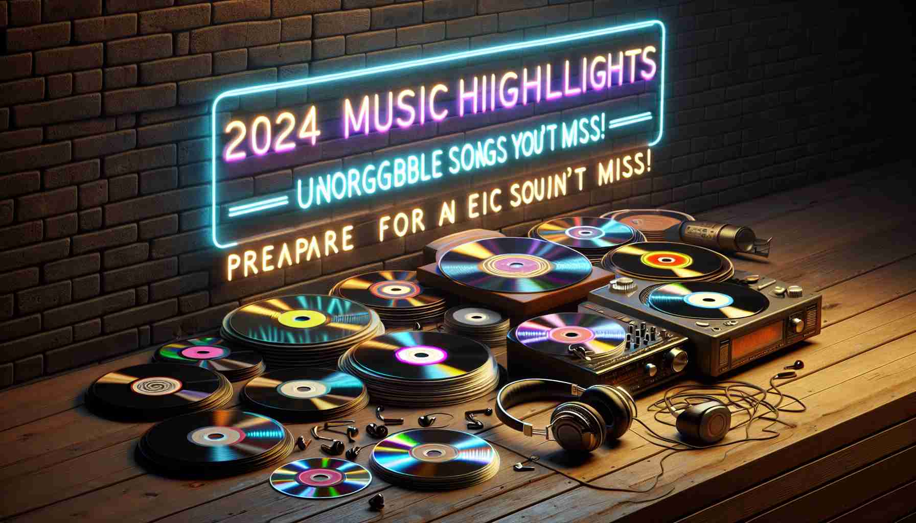 Generate a realistic HD image containing a selection of random generic music CDs, LPs, and headphones positioned on a wooden table. The items are labeled with nonspecific labels like 'Track 1', 'Song A', etc. At the top of the scene, glowing neon letters spell out: '2024 Music Highlights: Unforgettable Songs You Can't Miss! Prepare For an Epic Soundtrack!'